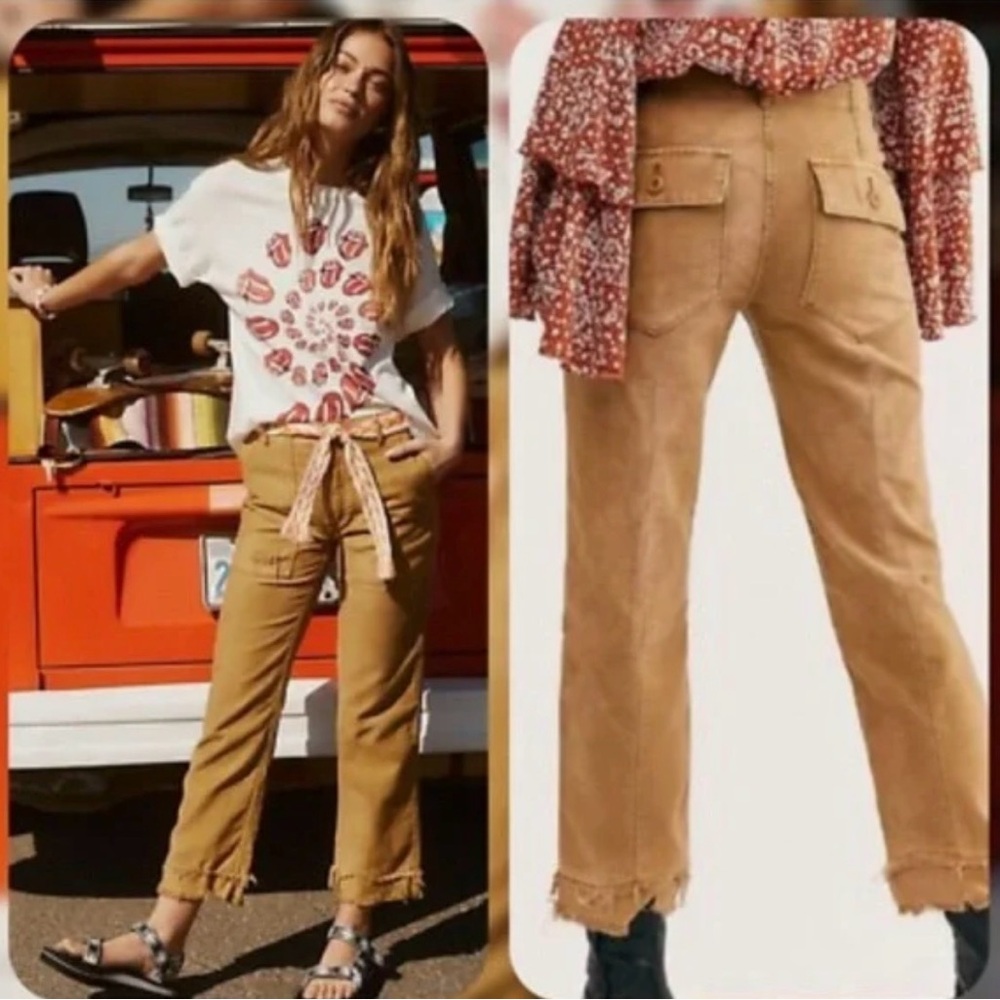 Free People Stormbringer Pants Desert Sands Size 27 Grunge Distressed Raw Hem